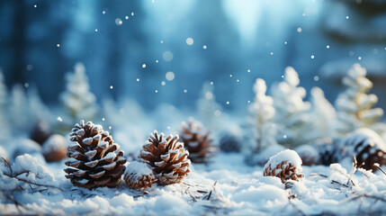 Naklejka premium Winter background .Merry Christmas and happy New Year greeting card with copy-space. Christmas landscape fir trees