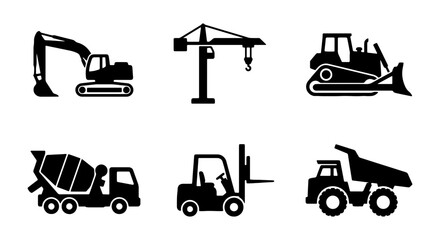 Construction Vehicle Icons Set: Excavator, Crane, Bulldozer, Mixer, Forklift, Dump Truck © Nasir