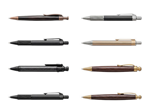 Elegant collection of eight luxury pens crafted from dark wood, metal, and carbon fiber.