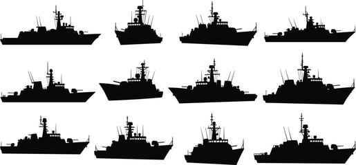 Military Warship and Naval Vessel Silhouettes Set for Maritime Defense and Graphic Design Projects © Shahidul
