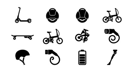 Electric Scooter, Bicycle, Skateboard Icons. Personal Mobility Vector Set. Clean Line Art. © Jui