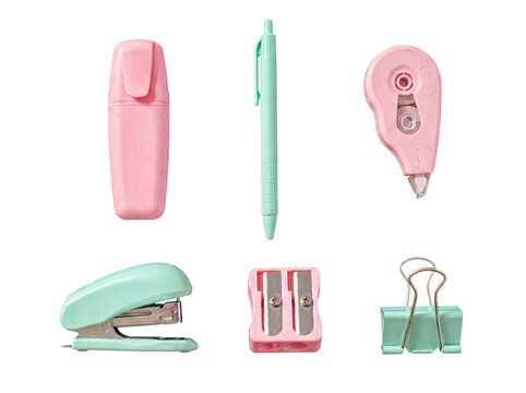 Assorted pastel office supplies: highlighter, pen, stapler, and sharpener on a transparent background.