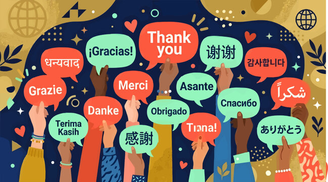 Diverse Hands Holding Speech Bubbles with 'Thank You' in Multiple Languages, Global Communication and Gratitude Concept, Flat Vector Illustration with Copy Space