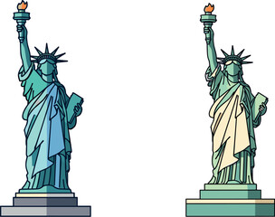 Statue of Liberty Vector Illustration Set Featuring Minimalist Two Tone Comic Style New York City Landmarks for American Independence Day Graphic Designs © Siddika