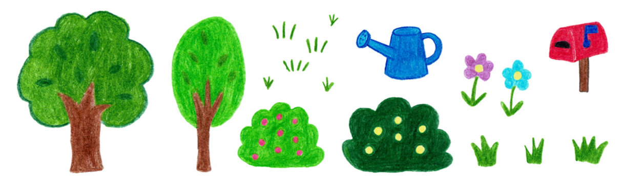 手描き風の夏の庭と木とじょうろの子供らしいイラスト