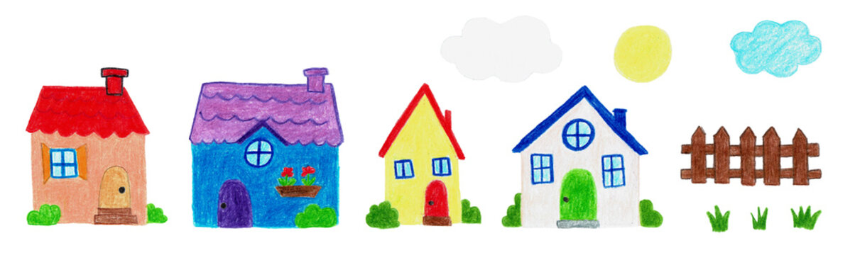 手描き風のカラフルな家と村の子供らしいイラスト