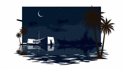 USS Arizona Memorial and Battleship Silhouette at Night, Crescent Moon and Stars Above Calm Water with Palm Trees, Vector Illustration © Rengga Entertainment