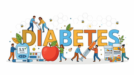 Naklejka premium Flat Design Illustration of Diabetes Management with People, Blood Glucose Meter, Insulin Syringe, Medication, and Apple