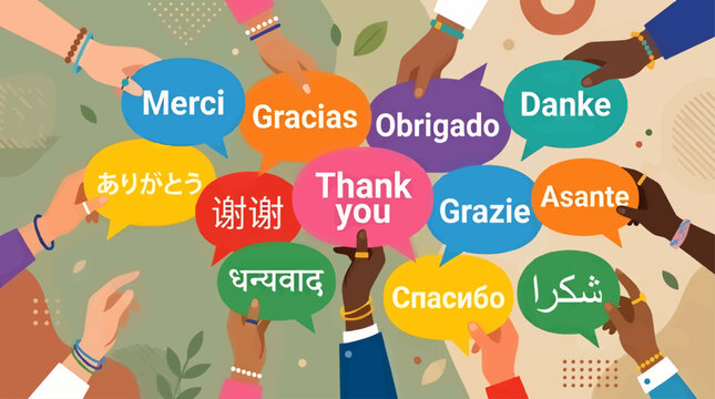 Diverse Hands Holding Speech Bubbles with 'Thank You' in Multiple Languages, Flat Design Vector Illustration, Global Communication Concept