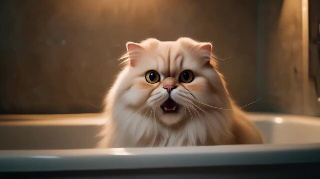 Fluffy Persian Cat Yelling in Bathtub with Open Mouth.