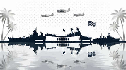 Silhouette of Battleships and Airplanes with American Flag and Palm Trees, Reflecting in Water, Vector Graphic Illustration © Rengga Entertainment