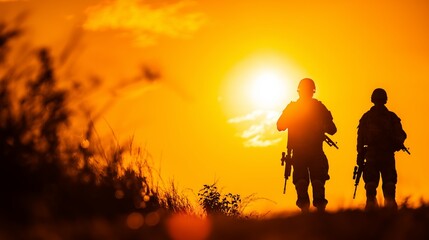 Obraz premium Armed soldiers silhouetted against glowing orange sunset sky, symbolizing military duty, conflict, and remembrance concepts
