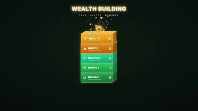Wealth building finance infographic with stacking blocks from income to investment success