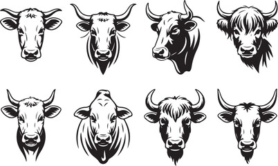 Obraz premium Black and white cattle heads vector illustration