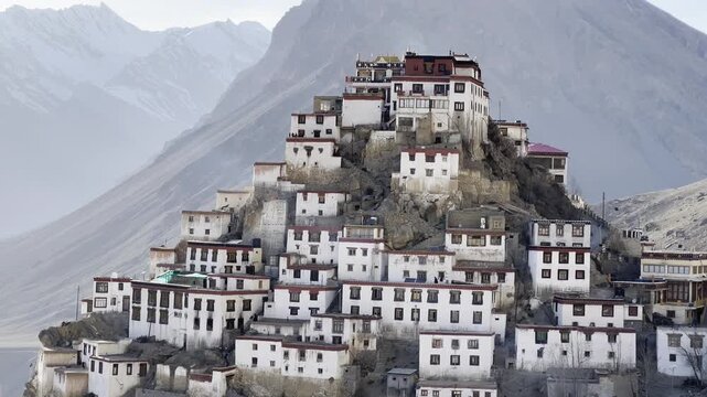 Picturesque view of the Key Gompa Monastery (4166 m) at sunrise. Spiti valley, Himachal Pradesh, India.