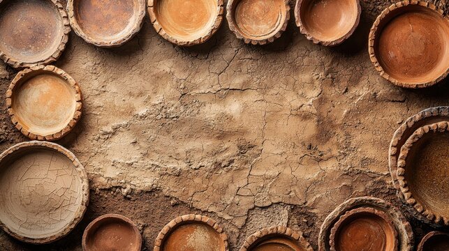 Earthenware surface textured clay backdrop with handcrafted ceramic bowls arranged overhead view natural lighting neutral earth tones rustic artisanal pottery