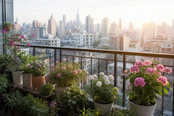 Fototapeta premium Urban Balcony Garden with Blooming Flowers