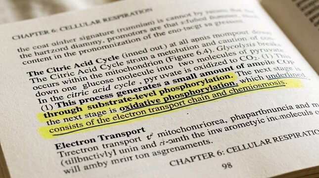 Close-up of a textbook page with post-it notes highlighting key terms in cellular respiration chapter