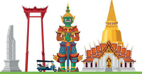 Obraz premium Thailand Famous Landmarks Vector Illustration Set Featuring Bangkok Giant Swing Wat Arun Temple Golden Pagoda Tuk Tuk and Yaksha Guardian Demon