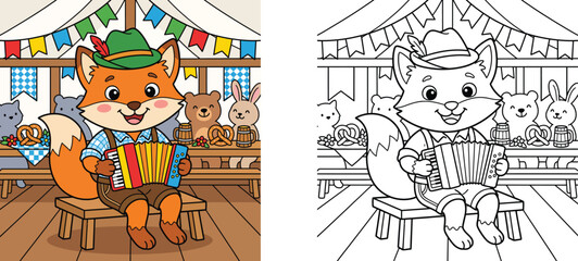 Fototapeta premium Bavarian fox playing accordion in a festival tent with coloring book page, cute animal character wearing traditional German Lederhosen vector illustration for kids