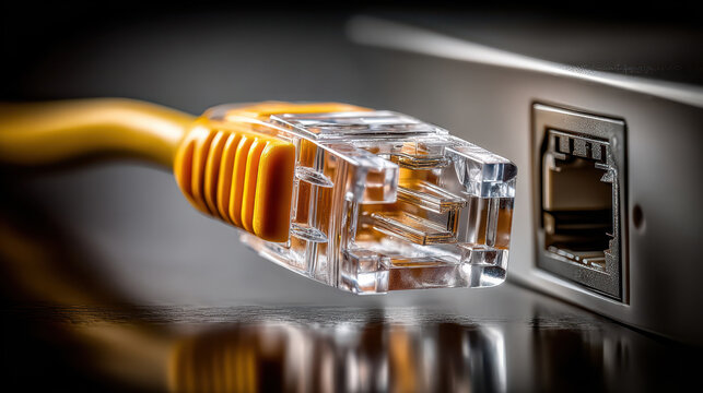 Yellow ethernet cable plug close up macro with network router port for technology background and connectivity banner design