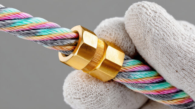 Closeup gloved hand twisting brass wire nut on multicolored steel cable for electrical connection and repair background