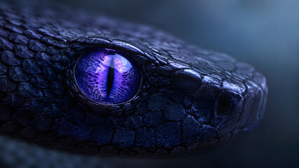 Fototapeta premium Close up of a dark snake with an intense glowing purple eye
