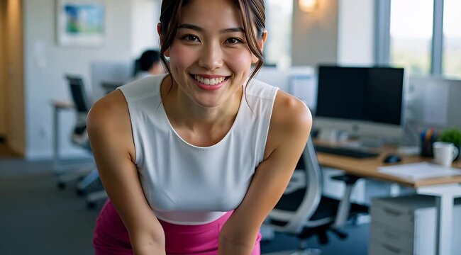 Young Asian Businesswoman Smiling Confidently in Modern Office Environment
