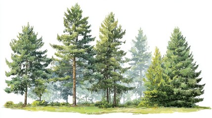 Fototapeta premium Lush Green Trees in a Scenic Forest Setting, Showcasing Various Types of Evergreen Foliage, Ideal for Nature and Outdoor Illustrations, Posters, and Educational Materials