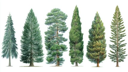 Obraz premium A Collection of Various Types of Coniferous Trees Illustrated with Detailed Features and Lush Greenery for Educational and Artistic Use