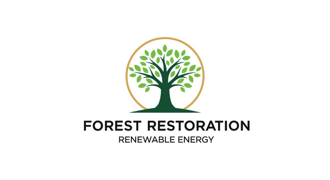 Forest Restoration Renewable Energy Logo Design Concept with Green Tree and Circular Emblem