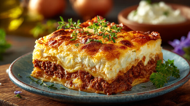 Fresh baked moussaka portion on ceramic plate with creamy b&eacute;chamel sauce and minced meat, b chamel