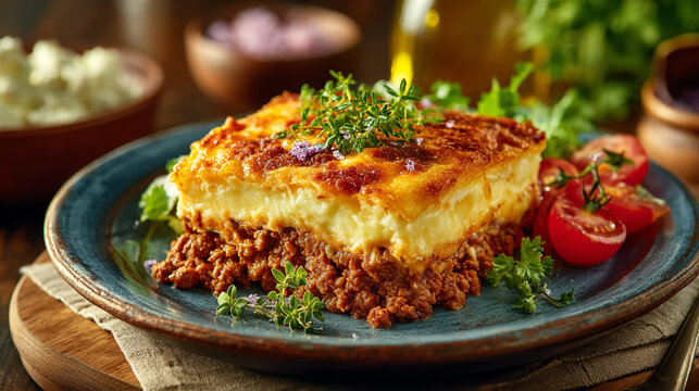Traditional moussaka slice served with fresh cherry tomatoes and herbs on rustic table, b chamel