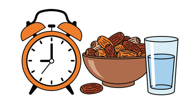 An alarm clock and a bowl of dates with a glass of water on a table indoors.