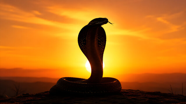 Dramatic silhouette of a king cobra snake during a vibrant sunset