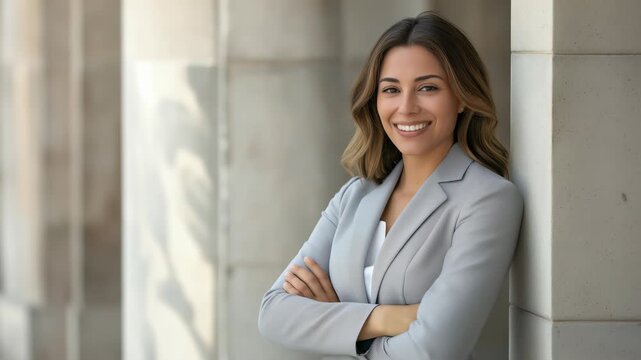 A smiling woman wearing a blazer stands confidently with her arms crossed, leaning against structural columns. The scene suggests professionalism and competence in an outdoor setting.