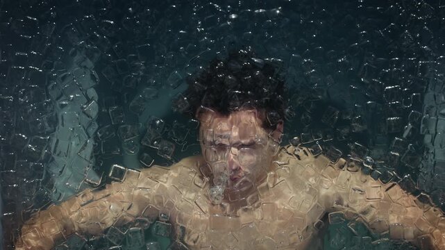 Resilience grows as the man holds steady in an outdoor ice bath