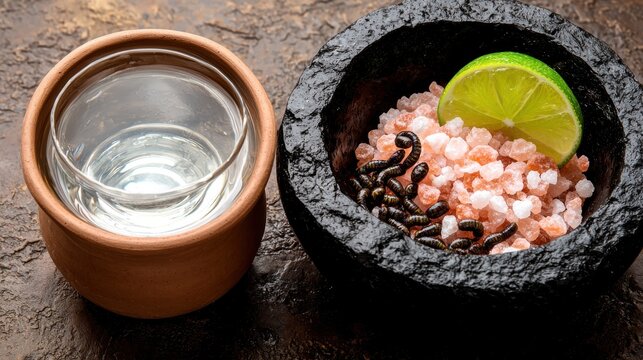 Premium tequila served with authentic Mexican worm salt mixture featuring roasted agave larvae and pink Himalayan crystals in traditional molcajete