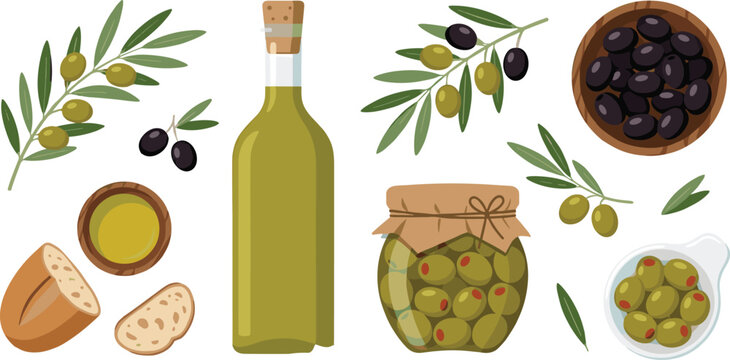 Mediterranean Olive Oil and Fresh Olives Vector Icon Set with Extra Virgin Oil Bottle Green and Black Olive Branches Pickled Jar and Bread for Culinary Menu Designs