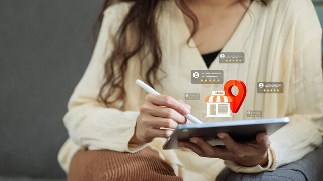 Woman Using Tablet for Local Store Location Search and Five Star Customer Reviews