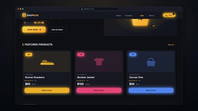 Online shopping website with flash sale and featured product cards adding items to cart