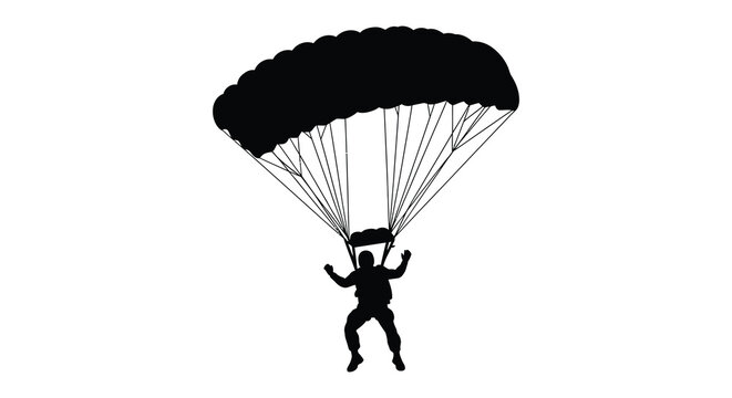 Parachutist in mid air descent black silhouette