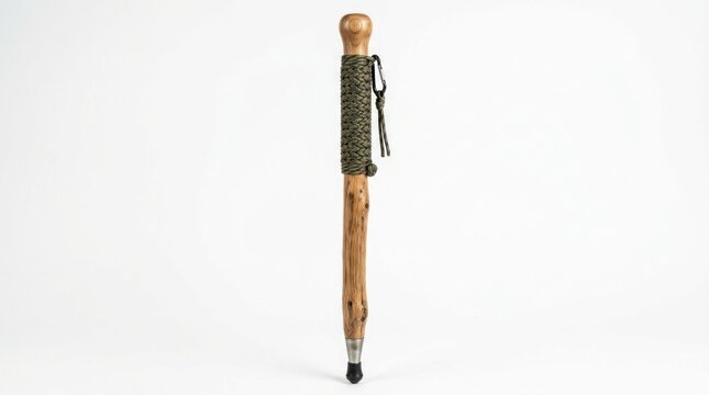 Wooden hiking stick with paracord grip on clean white background