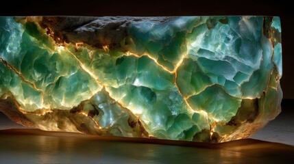 Fototapeta premium Backlit green onyx veins glowing with warm golden light through translucent turquoise mineral layers, showcasing intricate crystalline patterns and natural stone beauty