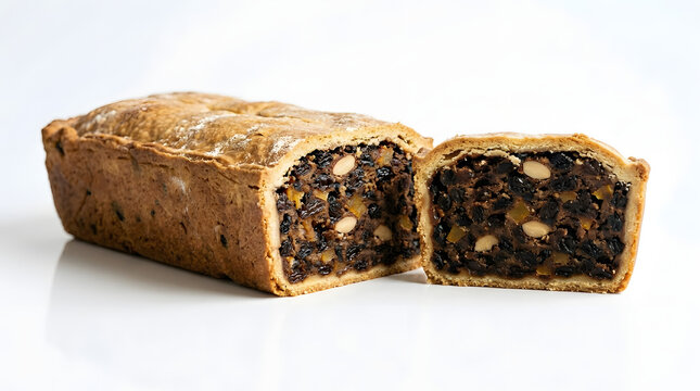 Sliced traditional Scottish Black Bun fruitcake encased in pastry, a Hogmanay dessert classic, isolated on a pure white background