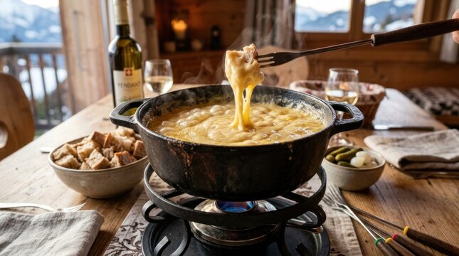 Traditional black cast iron caquelon bubbling with delicious golden cheese