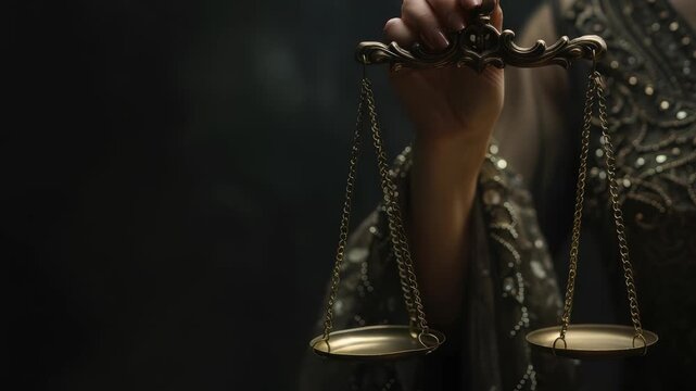 Symbolic scales of justice in hand against a dark background, representing fairness and balance. The scales are gold with ornamental details, evoking the timeless value of justice.