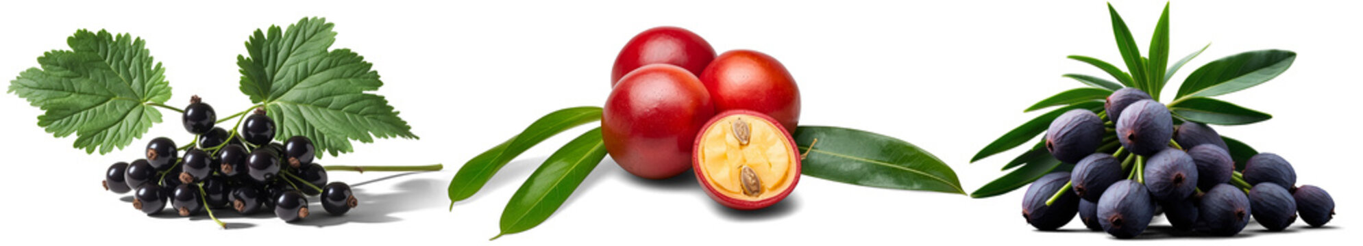 Composition of various fresh ripe fruits isolated on white background, high quality realistic Fruits PNG set and Transparent Background fresh blackcurrants, Mahkota Dewa fruit, black olives.