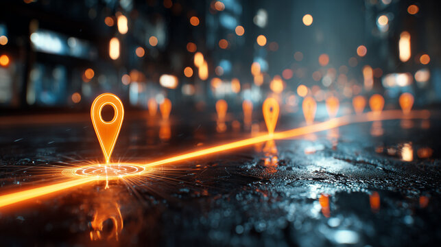 Navigation of the future using interconnected, glowing orange pins guided by illuminated paths on wet city streets at night, coupled with digital mapping and intelligent logistics technology.