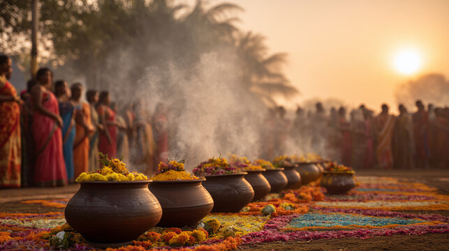 Rows of traditional clay pots cooking on open fire during an ethnic cultural ritual at sunrise, dust and smoke filling the air with warm golden light, group of people gathering background.